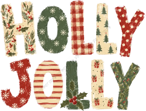 Colorful Holly Jolly Christmas text with vintage festive patterns, ready to press dtf transfer design