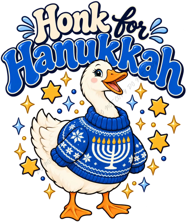 Cheerful white goose wearing blue sweater with menorah design, surrounded by gold stars, ready to press dtf transfer