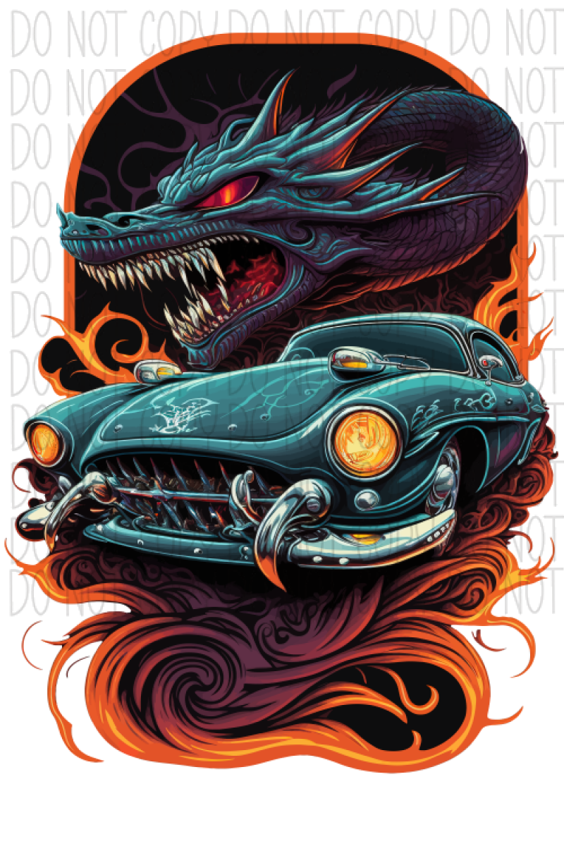 Hot Rod Teal Car And Dragon Dtf Transfer Transfers