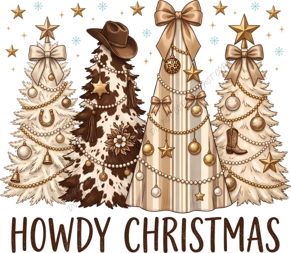 Four decorated Christmas trees in western style with cowboy hats, cow print, and gold ornaments ready to press dtf transfer