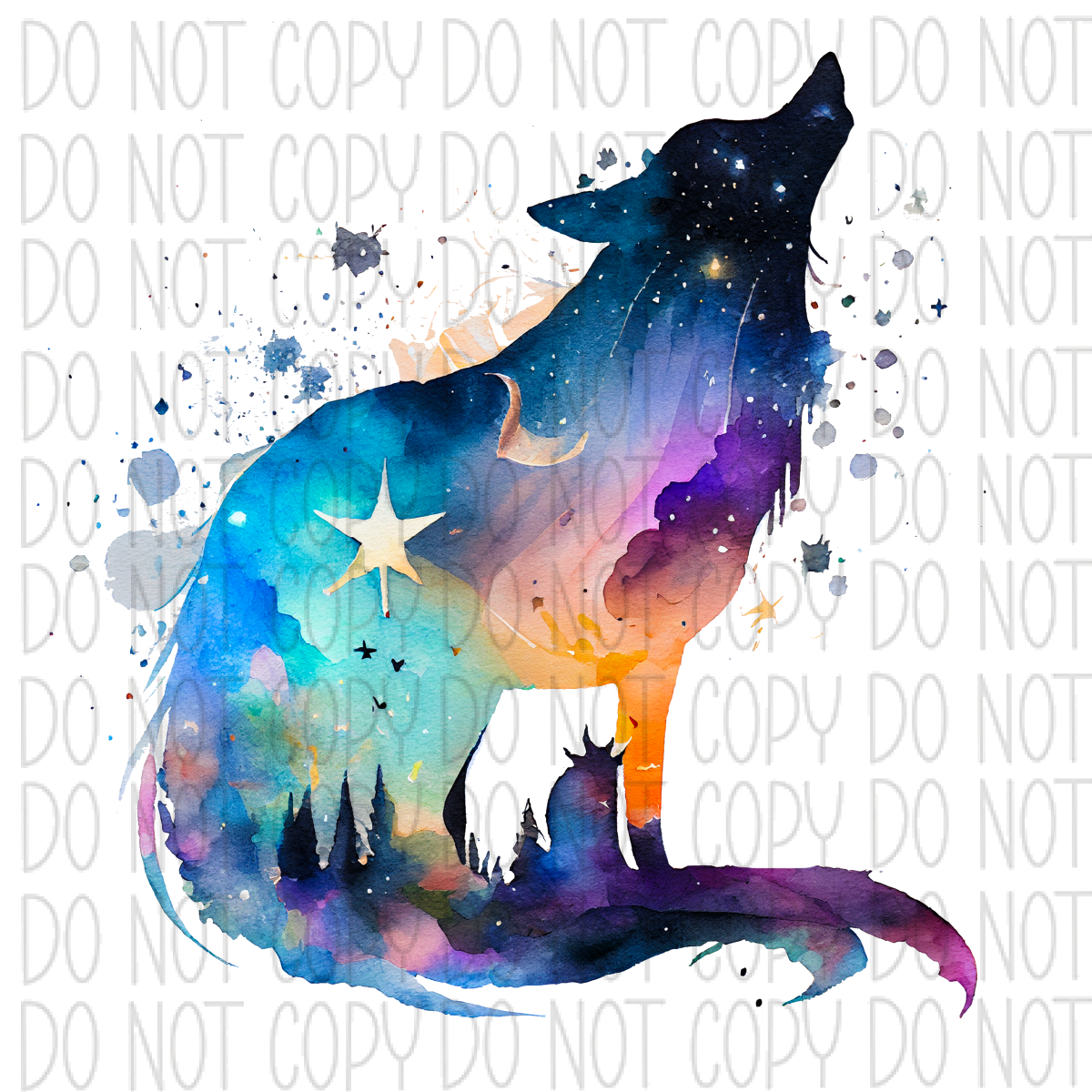 Howling Celestial Wolf Watercolor Dtf Transfer