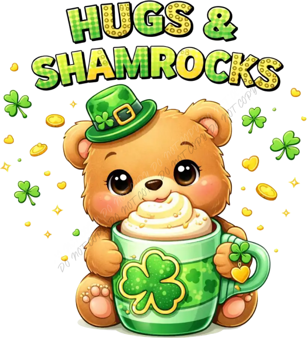 Cute brown bear wearing green leprechaun hat holding shamrock mug, ready to press dtf transfer with gold accents