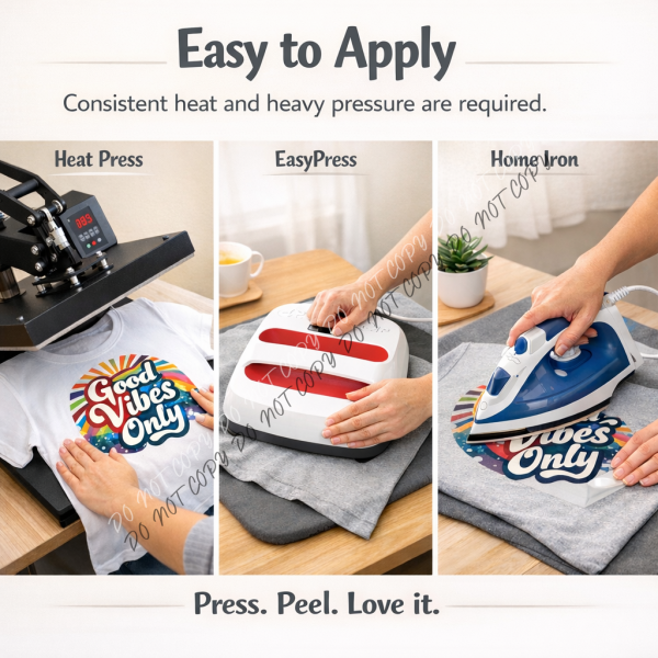 DTF transfer application using heat press Cricut EasyPress and home iron on t-shirt