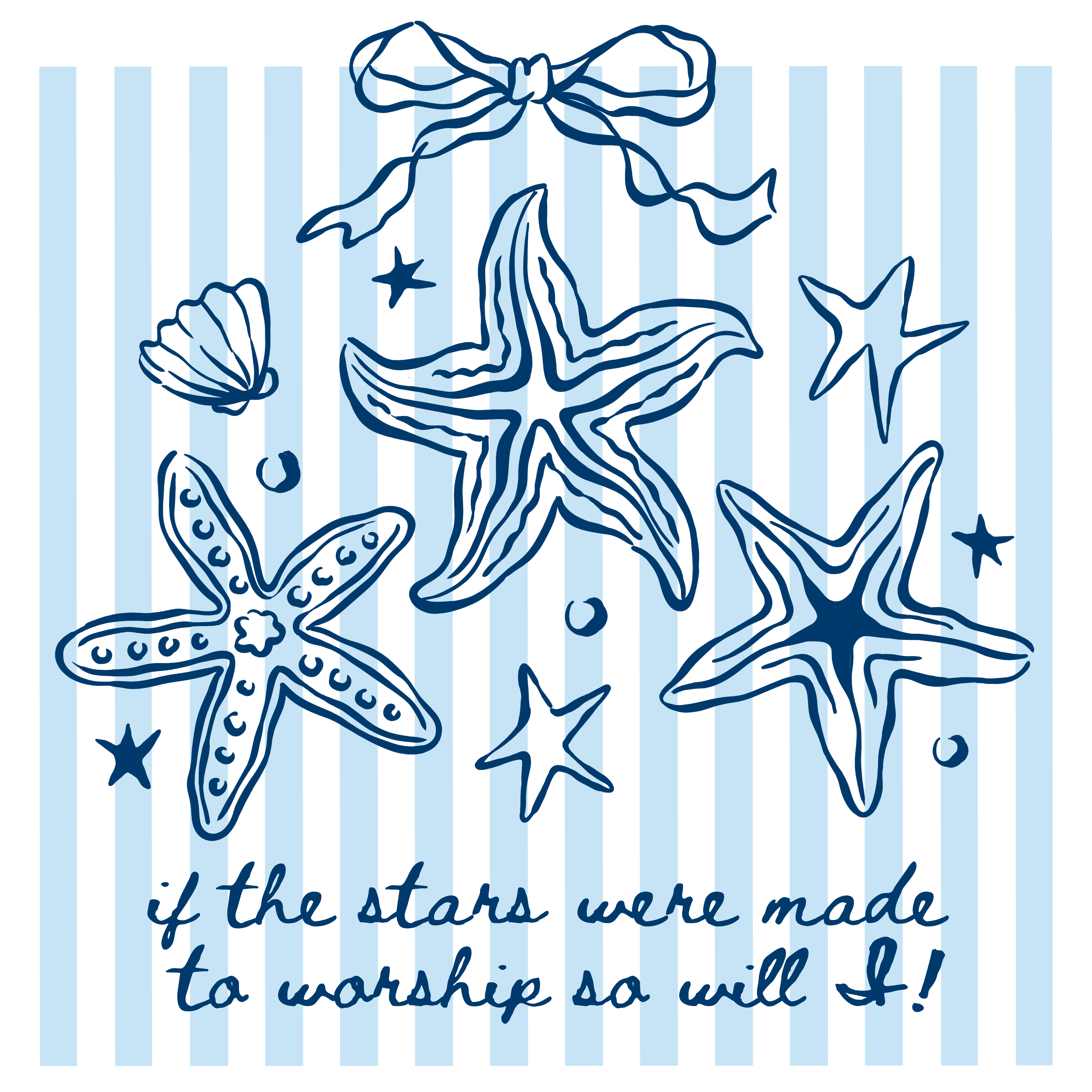 Decorative design with blue starfish and text on a striped background