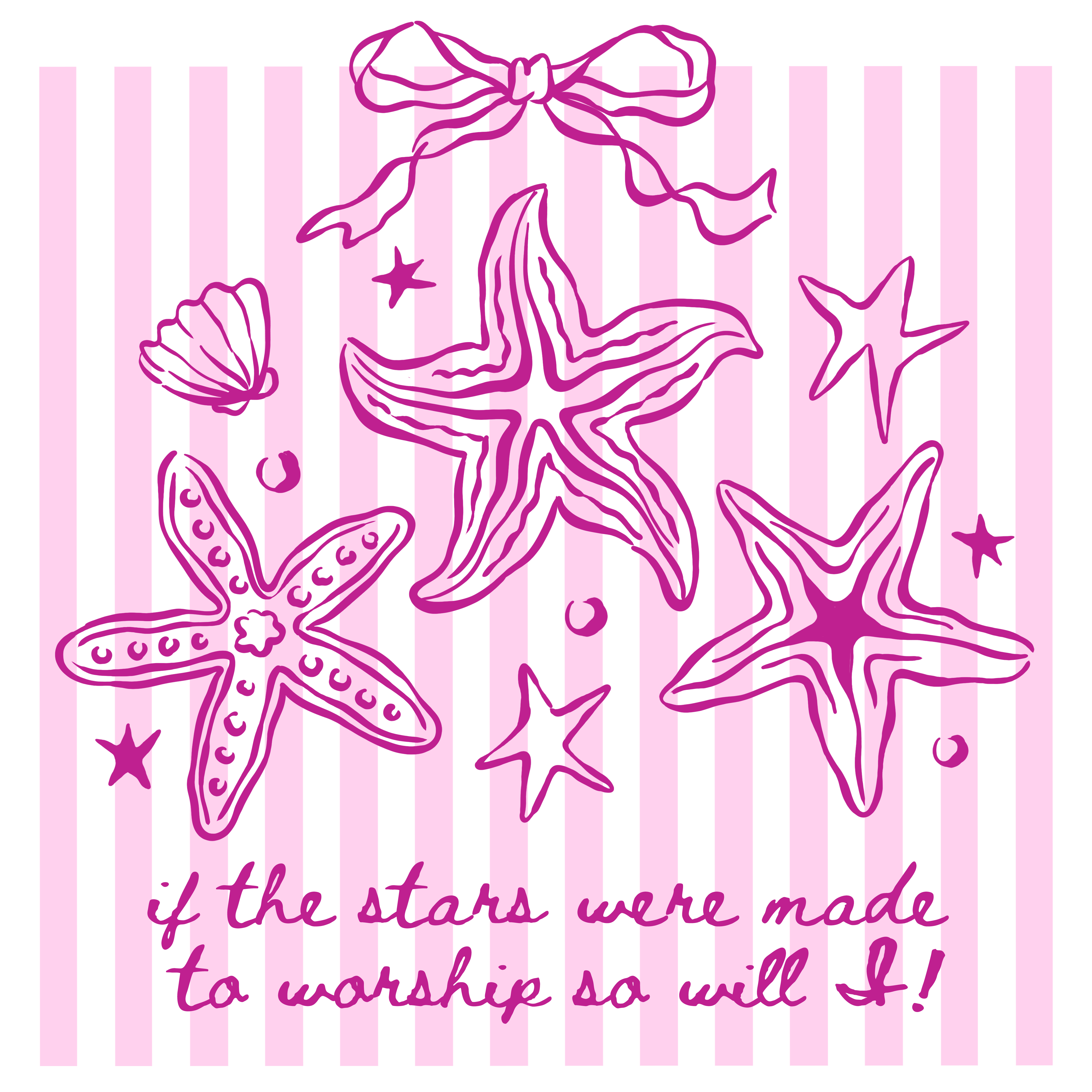 Pink butterfly and star design with text on a pink striped background