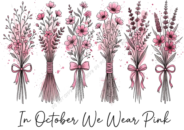 Six delicate pink floral bouquets with dark stems and pink bows arranged in a row, ready to press DTF transfer design