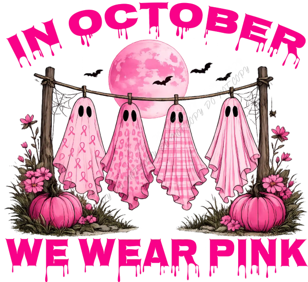 Four pink ghost figures with breast cancer ribbon patterns hanging on clothesline with full pink moon, bats, pumpkins and flowers—ready to press DTF transfer