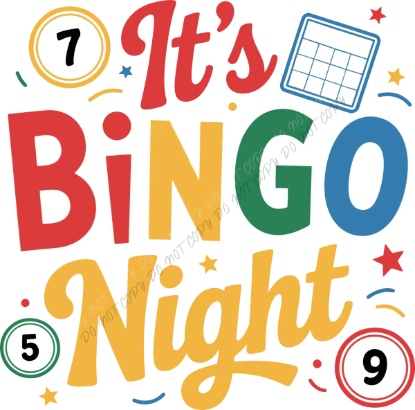 Colorful bingo night design with numbered balls and grid, ready to press dtf transfer