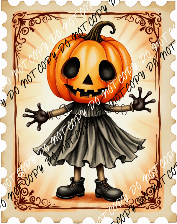 Jack - O' - Lantern Girl Vintage Stamp DTF Transfer - We Print U Press DTF Transfers