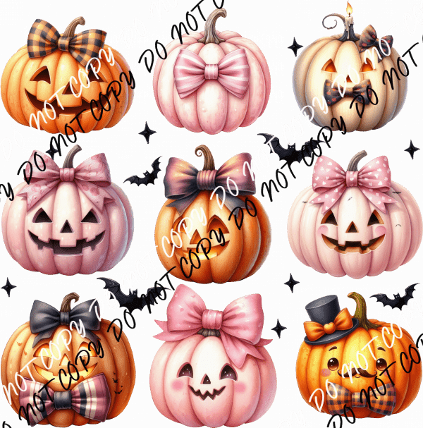 Jack O Lanterns with Bows Pink and Orange Grid DTF Transfer - We Print U Press DTF Transfers