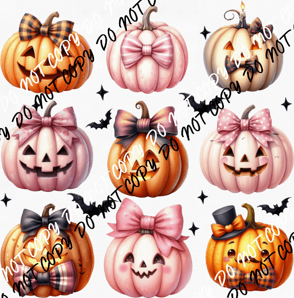 Jack O Lanterns with Bows Pink and Orange Grid DTF Transfer - We Print U Press DTF Transfers