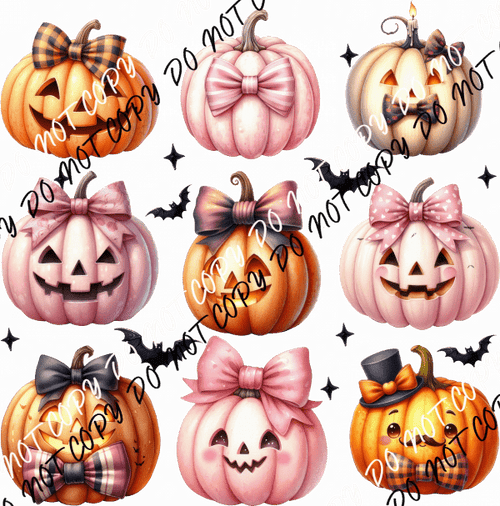 Jack O Lanterns with Bows Pink and Orange Grid DTF Transfer - We Print U Press DTF Transfers