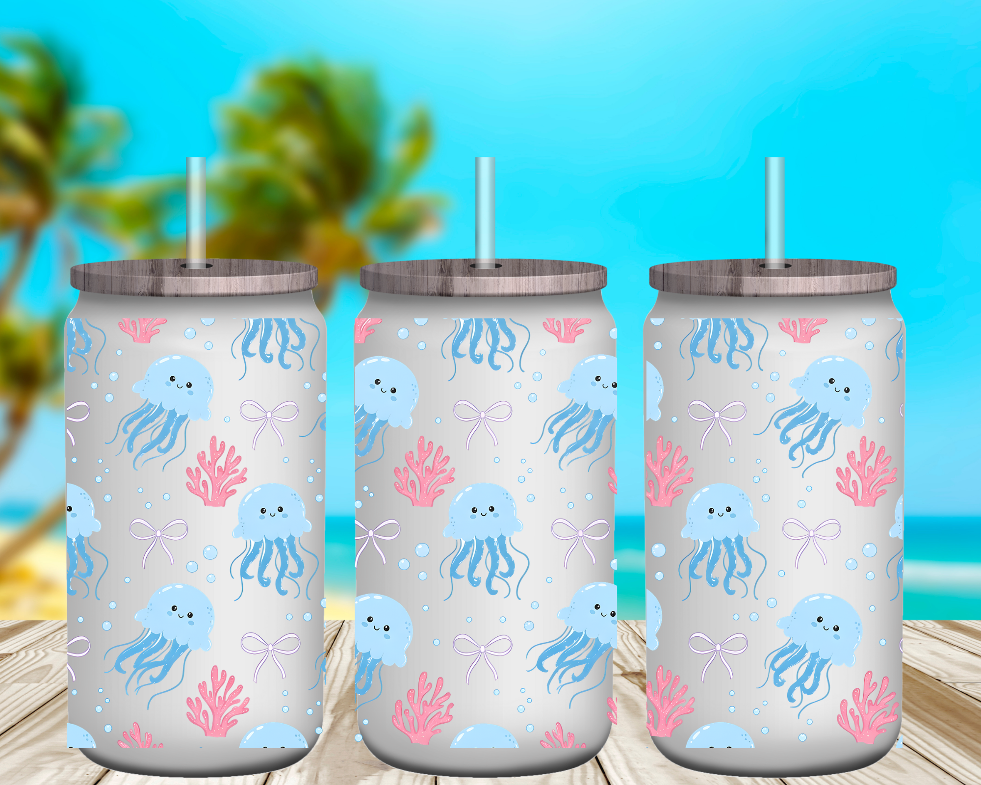 Sweet Jellyfish 16 oz Glass Can Cup Wrap UV Transfer