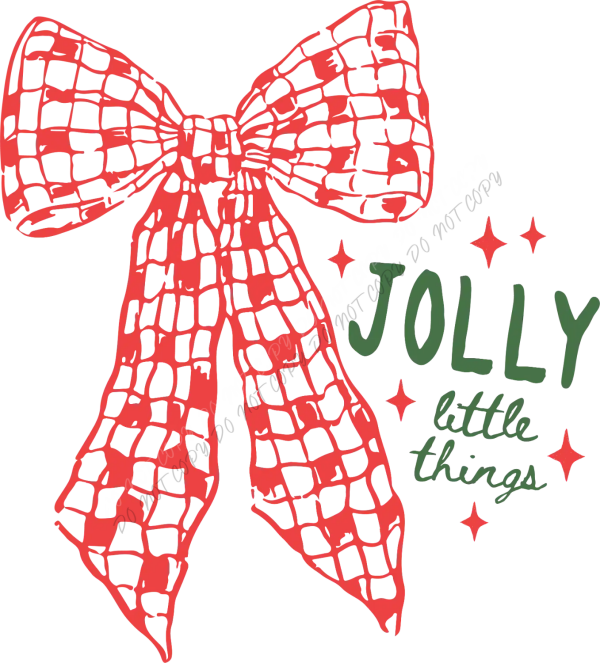 Red plaid checkered bow with green 'Jolly Little Things' text and sparkle accents, ready to press dtf transfer