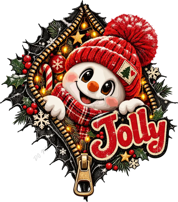 Smiling snowman wearing red knit beanie and plaid scarf surrounded by holly, candy canes, and golden lights—ready to press dtf transfer