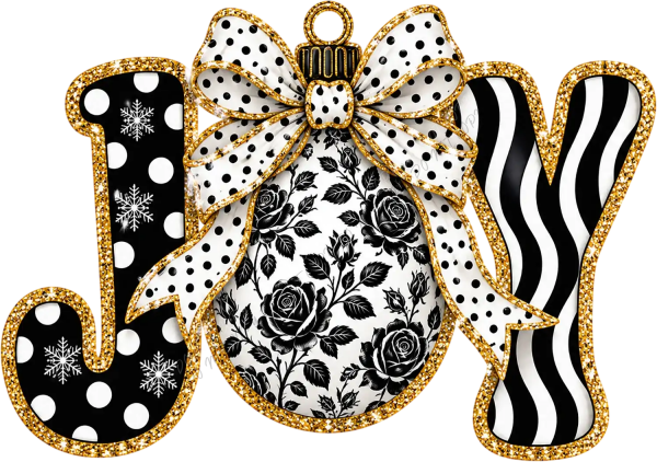 Gold glitter joy text with festive bow featuring roses, polka dots and stripes ready to press dtf transfer