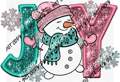 Joy Snowman Pink and Turquoise faux sequin and embroidery DTF Transfer - We Print U Press DTF Transfers