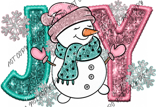 Joy Snowman Pink And Turquoise Faux Sequin Embroidery Dtf Transfer Rtp Transfers