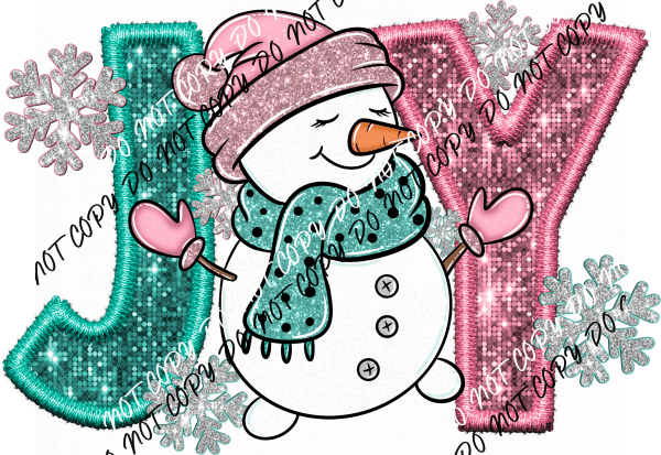 Joy Snowman Pink and Turquoise faux sequin and embroidery DTF Transfer - We Print U Press DTF Transfers