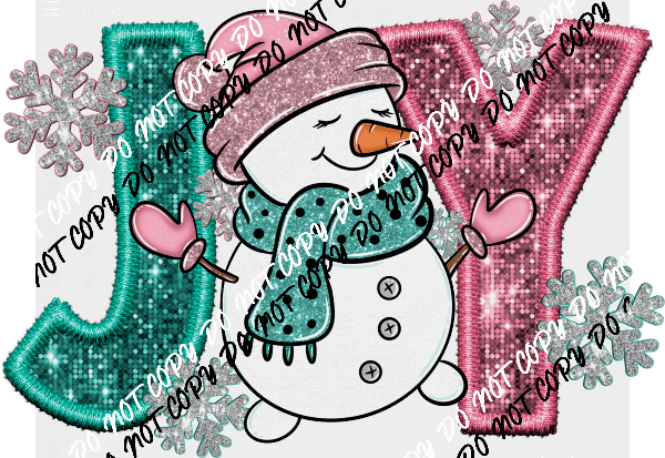 Joy Snowman Pink and Turquoise faux sequin and embroidery DTF Transfer - We Print U Press DTF Transfers