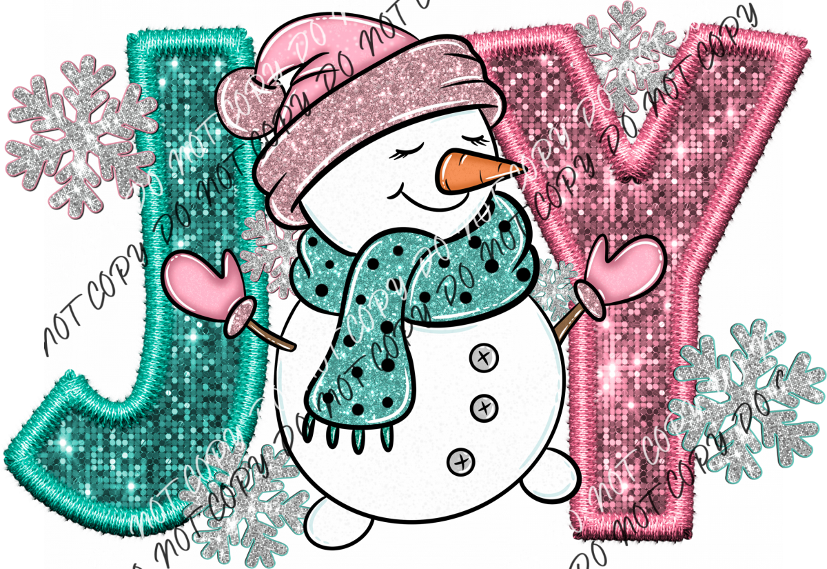 Joy Snowman Pink And Turquoise Faux Sequin Embroidery Dtf Transfer Rtp Transfers