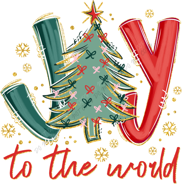 Joy to the World Christmas Tree Gold Glitter DTF Transfer RTP DTF Transfers