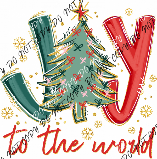 Joy to the World Christmas Tree Gold Glitter DTF Transfer RTP DTF Transfers