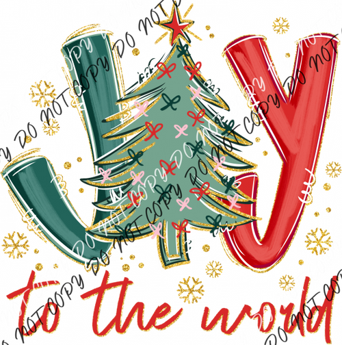 Joy to the World Christmas Tree Gold Glitter DTF Transfer RTP DTF Transfers