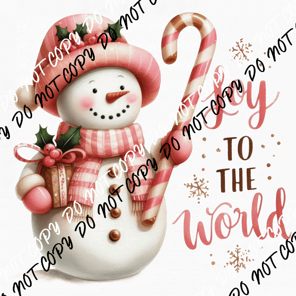 Joy to the World Snowman in Pink with Candy Cane DTF Transfer - We Print U Press DTF Transfers