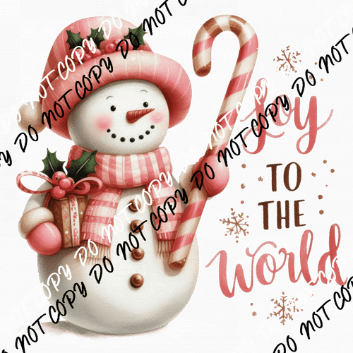 Joy to the World Snowman in Pink with Candy Cane DTF Transfer - We Print U Press DTF Transfers