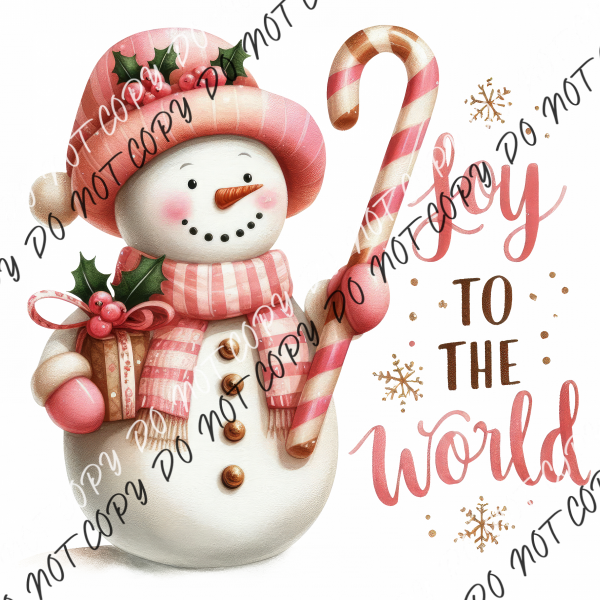 Joy To The World Snowman In Pink With Candy Cane Dtf Transfer Rtp Transfers