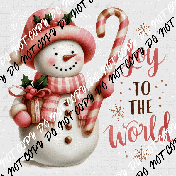 Joy to the World Snowman in Pink with Candy Cane DTF Transfer - We Print U Press DTF Transfers