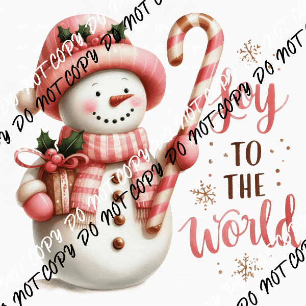 Joy to the World Snowman in Pink with Candy Cane DTF Transfer - We Print U Press DTF Transfers