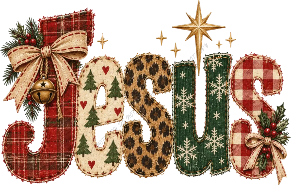 Colorful 'Joyful' Christmas letters with plaid, leopard, and snowflake patterns, ready to press dtf transfer.