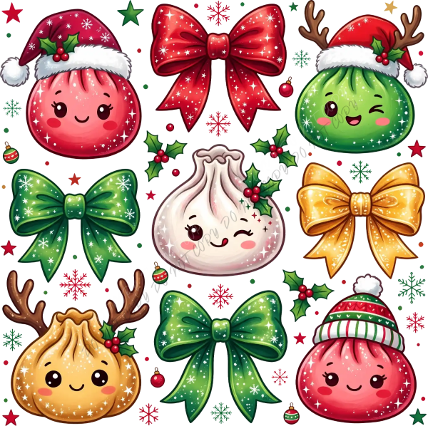 Colorful kawaii Christmas characters ready to press dtf transfer with smiling ornaments, festive bows, and reindeer