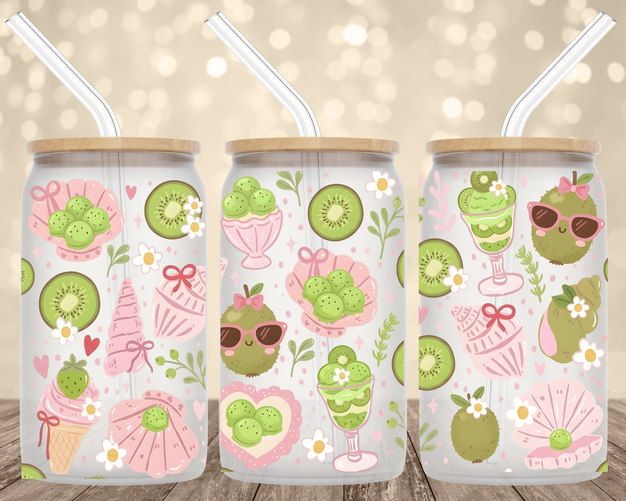 Kiwi Cutie 16 oz Glass Can Cup Wrap UV Transfer
