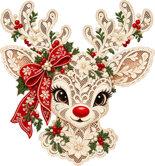 Ornate lace reindeer with red nose, festive red bow, white flowers and berries, ready to press dtf transfer