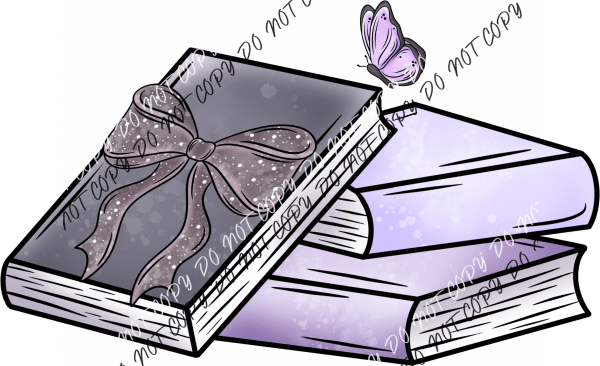 ’Lavender Book Stack With Glitter Bow And Butterfly’ Dtf Transfer