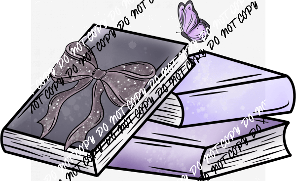 "Lavender Book Stack with Glitter Bow and Butterfly" DTF Transfer - We Print U Press DTF Transfers