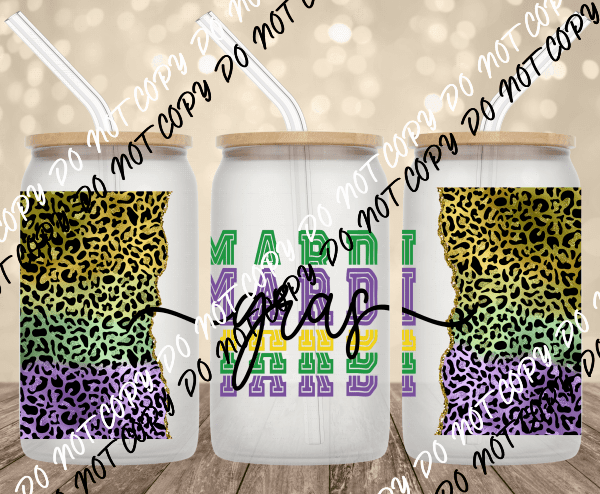 Leopard Mardi Gras UV Transfer for 16 oz Glass Can - We Print U Press DTF Transfers