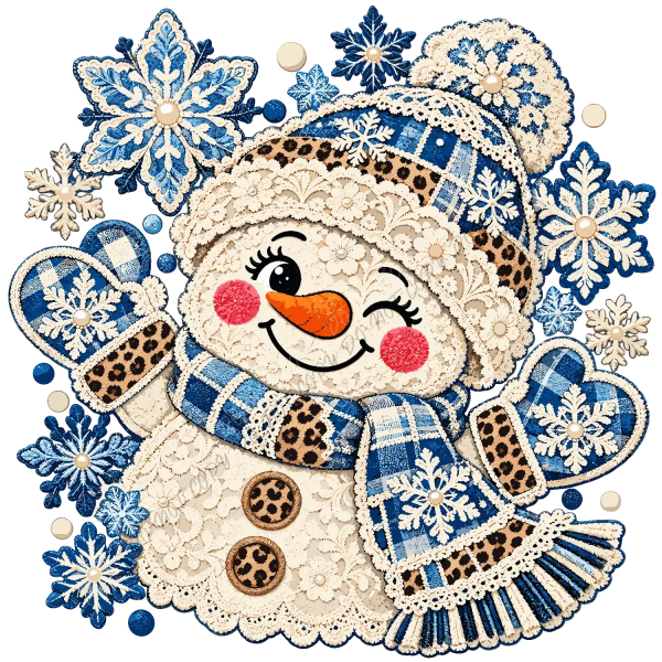Smiling snowman with cream textured body, orange carrot nose, blue plaid scarf and mittens surrounded by snowflakes ready to press dtf transfer