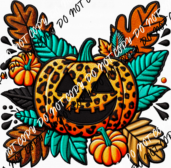 Leopard Print Jack - o - Lantern Faux Embroidery DTF Transfer - We Print U Press DTF Transfers