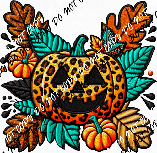 Leopard Print Jack - o - Lantern Faux Embroidery DTF Transfer - We Print U Press DTF Transfers