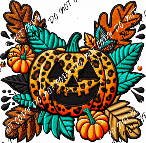 Leopard Print Jack - o - Lantern Faux Embroidery DTF Transfer - We Print U Press DTF Transfers