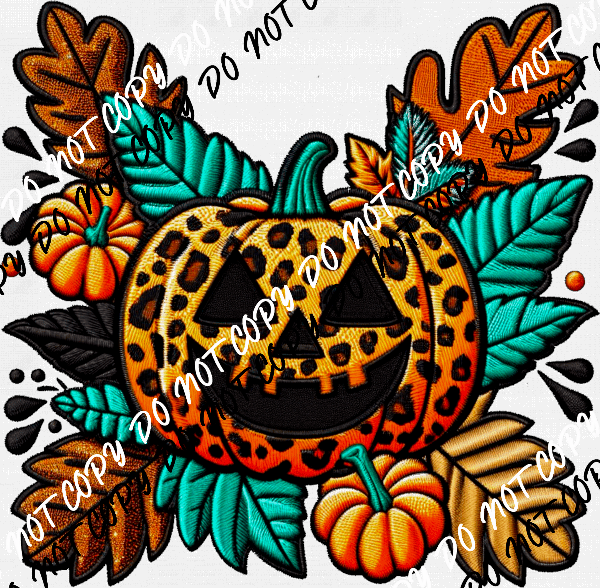 Leopard Print Jack - o - Lantern Faux Embroidery DTF Transfer - We Print U Press DTF Transfers