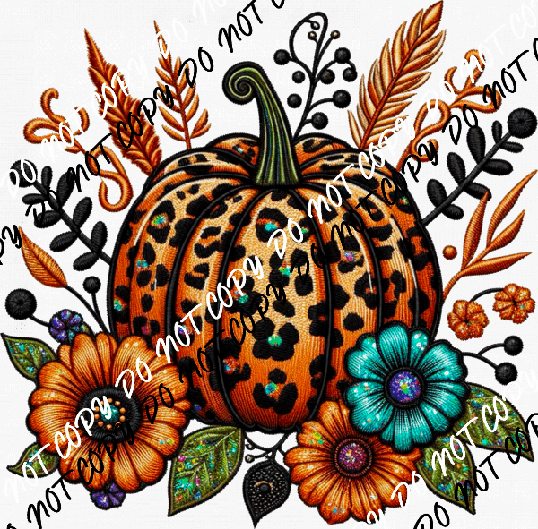 Leopard Print Pumpkin Floral Faux Glitter and Embroidery DTF Transfer - We Print U Press DTF Transfers