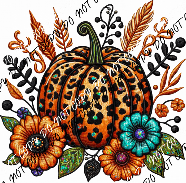 Leopard Print Pumpkin Floral Faux Glitter and Embroidery DTF Transfer - We Print U Press DTF Transfers