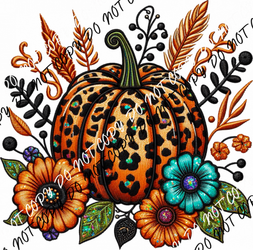 Leopard Print Pumpkin Floral Faux Glitter and Embroidery DTF Transfer - We Print U Press DTF Transfers