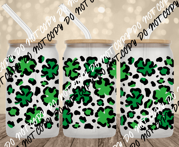 Leopard Shamrock UV transfer for 16 oz Glass Can - We Print U Press DTF Transfers