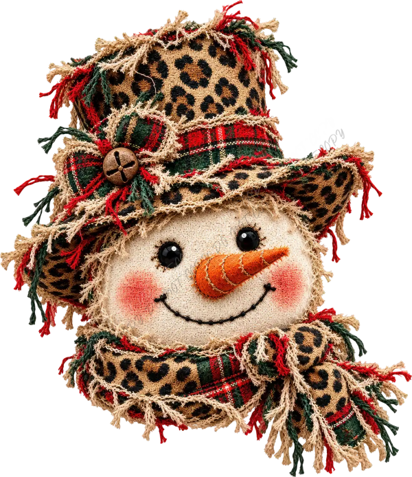 Smiling snowman face with orange carrot nose, leopard print hat and scarf, ready to press dtf transfer